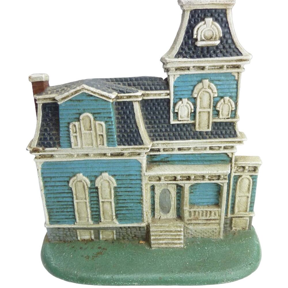Midwest Vintage Cast Iron Victorian House Doorstop Painted Lady Cottage Blue Vtg